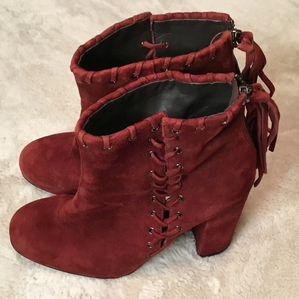 Karl Lagerfeld Sylvia Burgundy Red Chunky Heel Suede Ankle Boots Tassels - 6